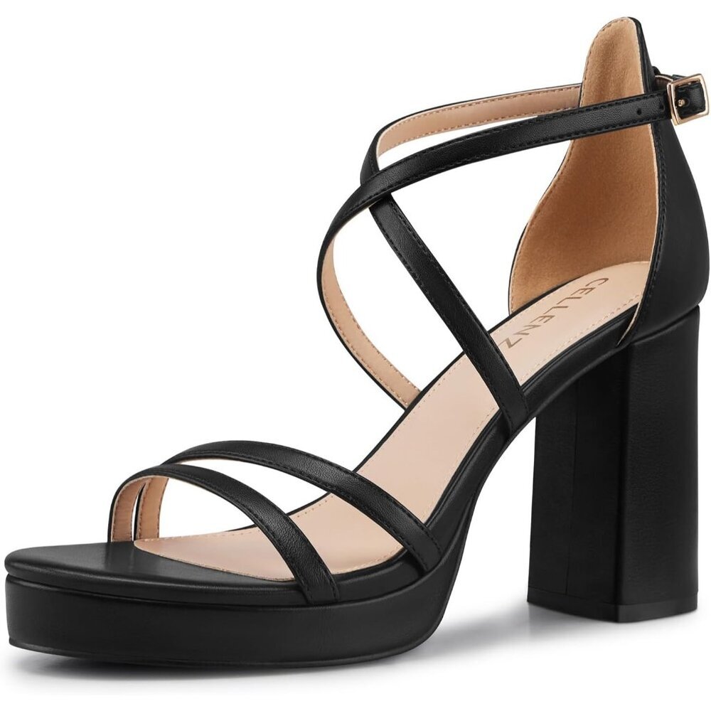 Women's Black Sandal Stylish Comfortable Chunky Blocked Strappy Heel Shoe